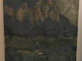 peinture représentant un paysage de montagne avec une rivière au premier plan et une chaîne de montagnes à l'arrière-plan