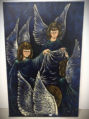 an image of a painting of three angels in blue robes