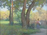 une peinture à l'huile représentant une femme marchant sur un sentier dans un parc