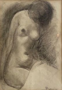 Philippe Georges BERMYN (1905 - 1972). Nu féminin au réveil. Fusain sur papier et signé en bas à droite. Haut. : 29 c...