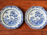 two blue and white plates with flowers on them sitting on a wooden floor