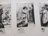 several black and white pictures of people in a room with paintings