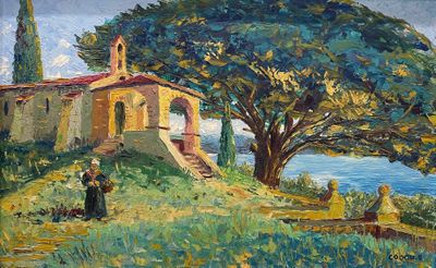 an oil painting of a church on a hill overlooking a body of water
