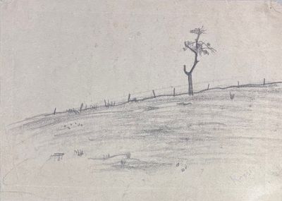 dessin représentant un arbre solitaire sur une colline, avec une clôture au premier plan