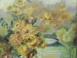 a painting of flowers in a vase on a table