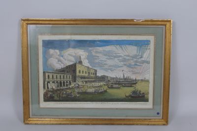 painting of a view of a city with boats in the water