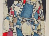 une peinture abstraite représentant un homme tenant un tambour dans ses mains