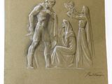 an old drawing of a man and a woman in front of a statue