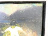 un tableau représentant un oiseau blanc survolant une montagne