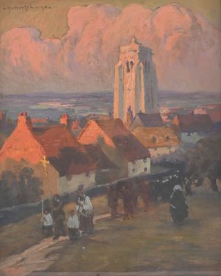 painting of a painting of a town with a clock tower in the background