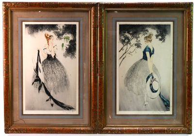 two framed pictures of a woman in a dress and a bird