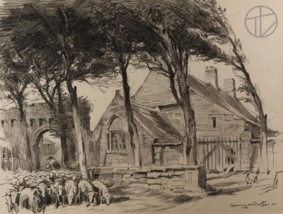a drawing of a group of sheep in front of a building