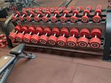 rows of red dumbs sit on a rack in a gym