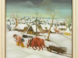an image of a painting of horses pulling a sleigh in the snow