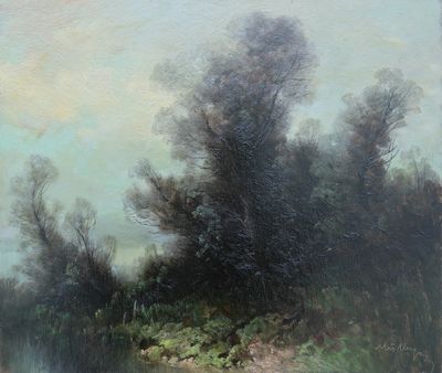 une peinture d'une rivière avec des arbres en arrière-plan