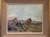 an oil painting of a rocky beach with a lighthouse in the distance