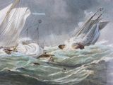 a painting of a boat in the middle of the ocean