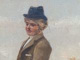 an oil painting of a woman in a brown coat and top hat