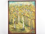 une peinture à l'huile représentant un sentier traversant une forêt aux feuilles jaunes