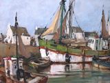 tableau représentant des bateaux amarrés dans un port, avec des maisons en arrière-plan