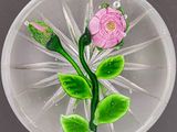 une plaque de verre sur laquelle sont représentées une fleur rose et des feuilles vertes