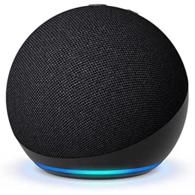 une image représentant une enceinte noire sur laquelle brille une lumière bleue