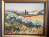 une peinture à l'huile représentant un paysage avec des coquelicots au premier plan