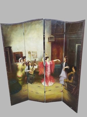 painting of a woman in a red dress dancing in a room with other people