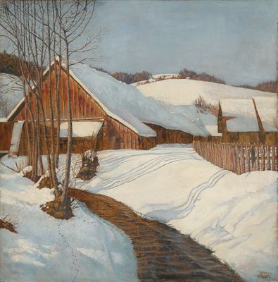 une image représentant un tableau d'un village enneigé traversé par un ruisseau