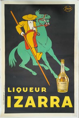 une vieille affiche représentant un homme à cheval avec une bouteille d'alcool