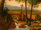a painting of a bridge over a stream with a cross on it