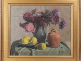 a painting of a vase of flowers and fruit on a table