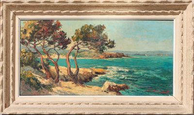 an oil painting of a beach scene with trees on the shore