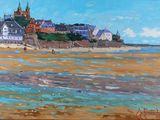tableau représentant une vue de plage avec un château en arrière-plan