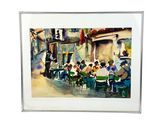 painting of a group of people sitting at a table outside a restaurant