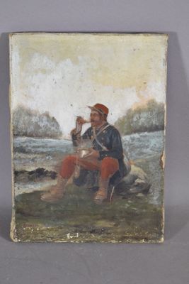 un vieux tableau représentant un homme assis sur un rocher, un verre de vin à la main