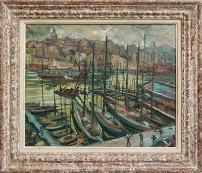 peinture de bateaux amarrés dans un port avec des bâtiments en arrière-plan