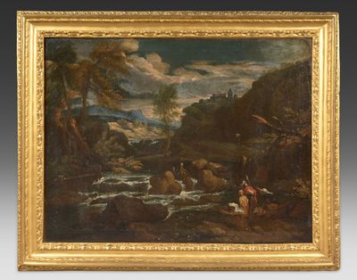 une image d'un tableau représentant un homme et un chien dans une rivière