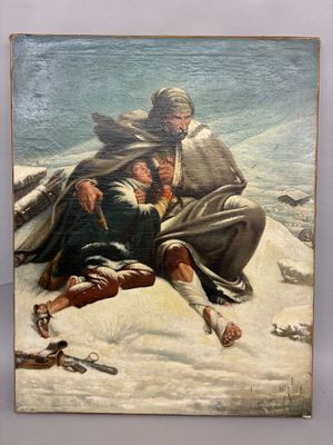 an old painting of a man and a woman in the snow