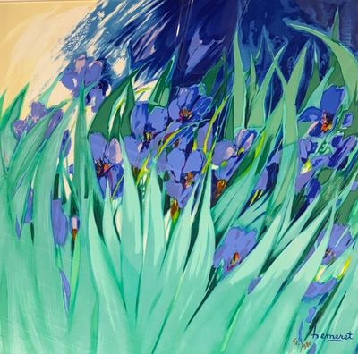peinture représentant des iris violets dans un champ d'herbe verte sur fond jaune