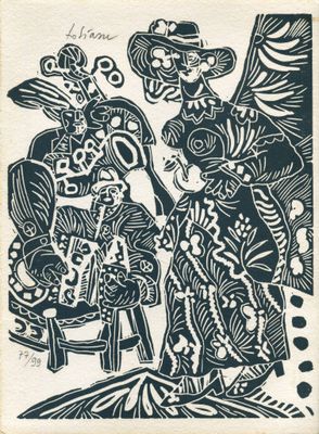 a black and white drawing of a man and a woman sitting on a chair
