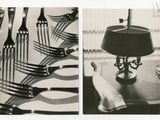deux photos en noir et blanc représentant des fourchettes et une lampe posées sur une table