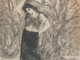 dessin représentant une femme portant un panier sur la tête devant un arbre