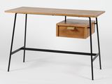 a wooden desk with a drawer underneath it on a white background