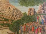 a painting of a group of people standing in front of a mountain