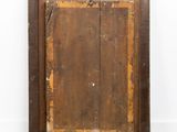 an old wooden cabinet with two doors and a door handle