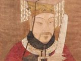an old painting of a man with a sword and a box on his head