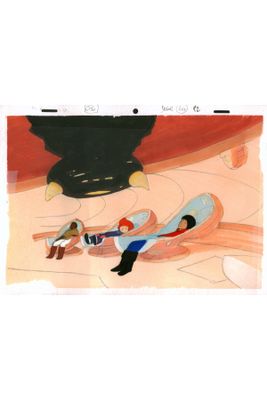 tableau représentant un homme sur une planche de surf avec un chien sur la plage
