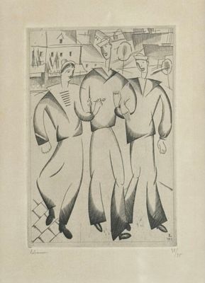 a drawing of three people walking together in the street