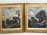 pair of 19th century engravings of cattle in a landscape by a stream